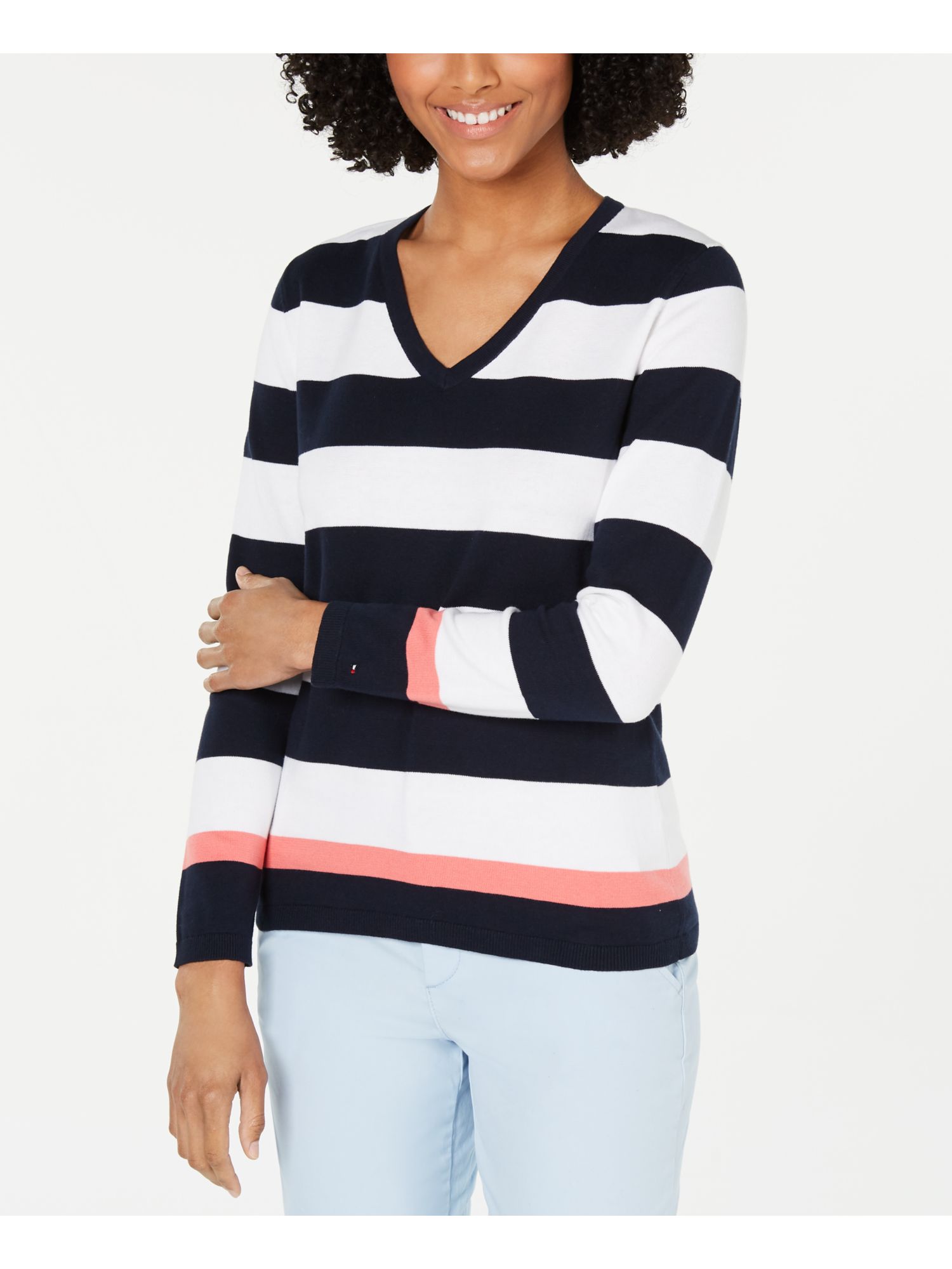 Ladies Tommy Hilfiger Block Stripe Sweater Vneck Jumper Knit Ladies Tommy Hilfiger Block Stripe Sweater Vneck Jumper Knit